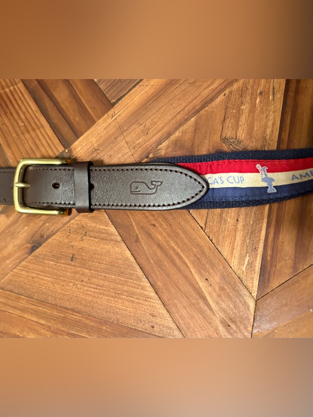 Vineyard Vines Men's Leather-Trim America’s Cup Navy/Red Web Belt